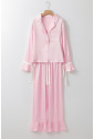 Light Pink Satin Knot Accent Shirt and Ruffled Pants Lounge Set