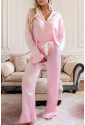 Light Pink Satin Knot Accent Shirt and Ruffled Pants Lounge Set