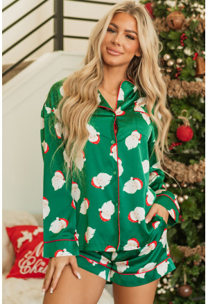 Christmas Santa Claus Print Satin Shirt and Shorts Pajama Set