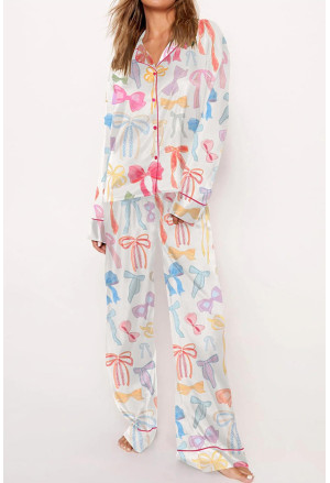 Bow Print Tied Ruffled Pajama Set