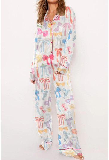 Bow Print Tied Ruffled Pajama Set