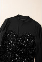 Black Sequin Velvet Sheer Mesh Mock Neck Blouse