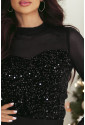 Black Sequin Velvet Sheer Mesh Mock Neck Blouse