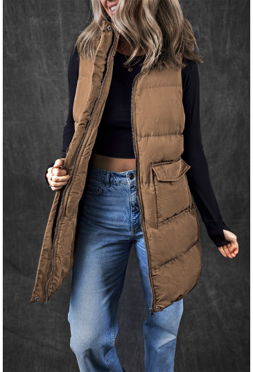 Brown Longline Quilted Stand Collar Puffer Vest