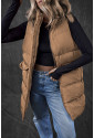 Brown Longline Quilted Stand Collar Puffer Vest