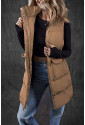 Brown Longline Quilted Stand Collar Puffer Vest