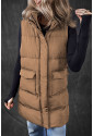 Brown Longline Quilted Stand Collar Puffer Vest