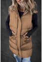 Brown Longline Quilted Stand Collar Puffer Vest