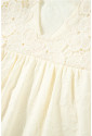 White Floral Textured Bubble Sleeve Frilled Notched Neck Dress