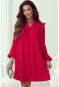 Fiery Red Textured Ruffled Trim V Neck Loose Fit Mini Dress