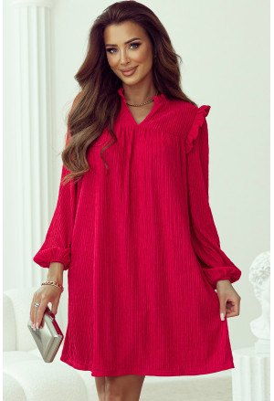 Fiery Red Textured Ruffled Trim V Neck Loose Fit Mini Dress