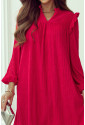 Fiery Red Textured Ruffled Trim V Neck Loose Fit Mini Dress