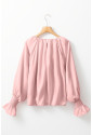 Apricot Pink Pleated Round Neck Flounce Sleeve Satin Blouse