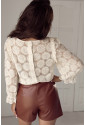 Oatmeal Flower Jacquard Button Back Ruffled 3/4 Sleeve Blouse