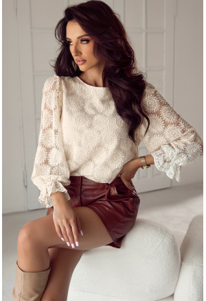 Oatmeal Flower Jacquard Button Back Ruffled 3/4 Sleeve Blouse