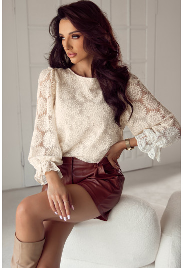 Oatmeal Flower Jacquard Button Back Ruffled 3/4 Sleeve Blouse