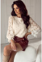 Oatmeal Flower Jacquard Button Back Ruffled 3/4 Sleeve Blouse