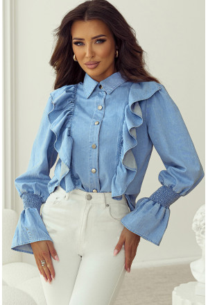 Ruffled Shirred Cuffs Denim Women Shirt