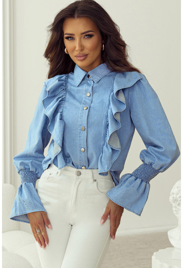 Ruffled Shirred Cuffs Denim Women Shirt