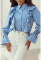 Ruffled Shirred Cuffs Denim Women Shirt