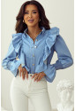 Ruffled Shirred Cuffs Denim Women Shirt