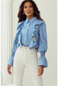 Ruffled Shirred Cuffs Denim Women Shirt