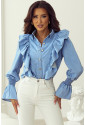 Ruffled Shirred Cuffs Denim Women Shirt