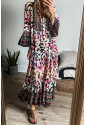 Pink Western Leopard Printed 3/4 Sleeve Buttoned Front Tiered Maxi Dress