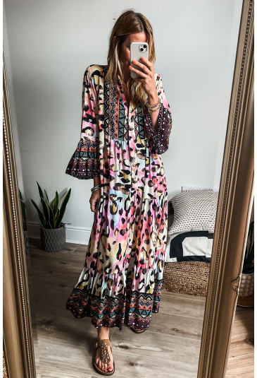 Pink Western Leopard Printed 3/4 Sleeve Buttoned Front Tiered Maxi Dress