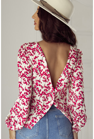 Red Floral Print Long Sleeve Open Back Blouse