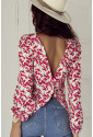 Red Floral Print Long Sleeve Open Back Blouse