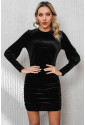 Black Velvet Puff Sleeve Ruched Bodycon Dress