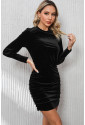 Black Velvet Puff Sleeve Ruched Bodycon Dress