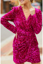 Pink Velvet Sequin Long Sleeve V Neck Wrapped Mini Dress