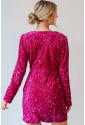 Pink Velvet Sequin Long Sleeve V Neck Wrapped Mini Dress