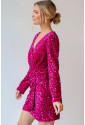 Pink Velvet Sequin Long Sleeve V Neck Wrapped Mini Dress