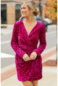 Pink Velvet Sequin Long Sleeve V Neck Wrapped Mini Dress