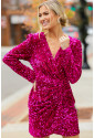 Pink Velvet Sequin Long Sleeve V Neck Wrapped Mini Dress