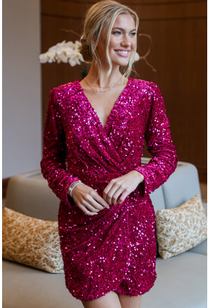 Pink Velvet Sequin Long Sleeve V Neck Wrapped Mini Dress