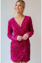 Pink Velvet Sequin Long Sleeve V Neck Wrapped Mini Dress