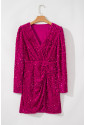 Pink Velvet Sequin Long Sleeve V Neck Wrapped Mini Dress