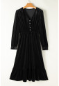 Black Velvet Buttoned Puff Sleeve V Neck Split Midi Dress