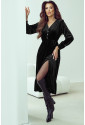 Black Velvet Buttoned Puff Sleeve V Neck Split Midi Dress