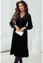 Black Velvet Buttoned Puff Sleeve V Neck Split Midi Dress