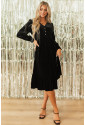 Black Velvet Buttoned Puff Sleeve V Neck Split Midi Dress