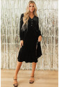 Black Velvet Buttoned Puff Sleeve V Neck Split Midi Dress