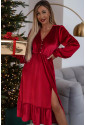 Red Velvet Buttoned Puff Sleeve V Neck Split Midi Dress