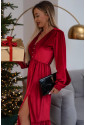 Red Velvet Buttoned Puff Sleeve V Neck Split Midi Dress