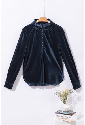 Blue Frilled Neck Buttoned Front Velvet Top