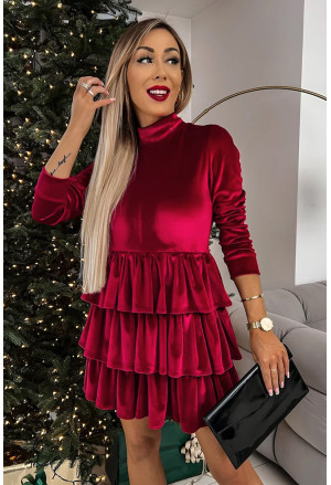 Red Velvet High Neck Tiered Ruffle Mini Dress